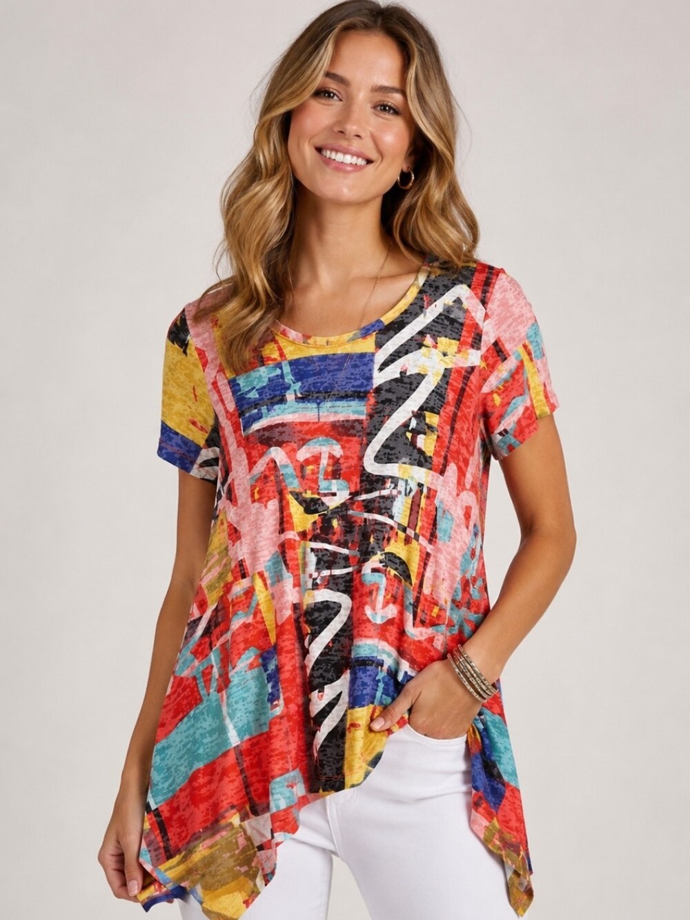 Chelsea & Theodore Multi Abstract Asymmetrical Hemline Top Sz XL - Picture 1 of 6